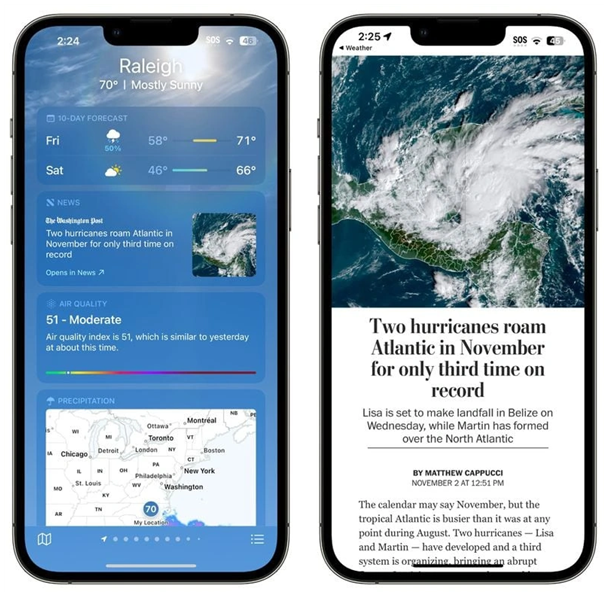 蓝山苹果14维修分享iPhone 14手机如何看天气时顺带看新闻 